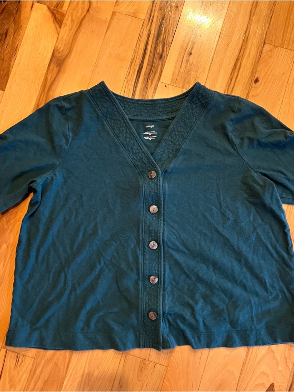 Pure Jill V-Neck Baseball Button Front Top Teal